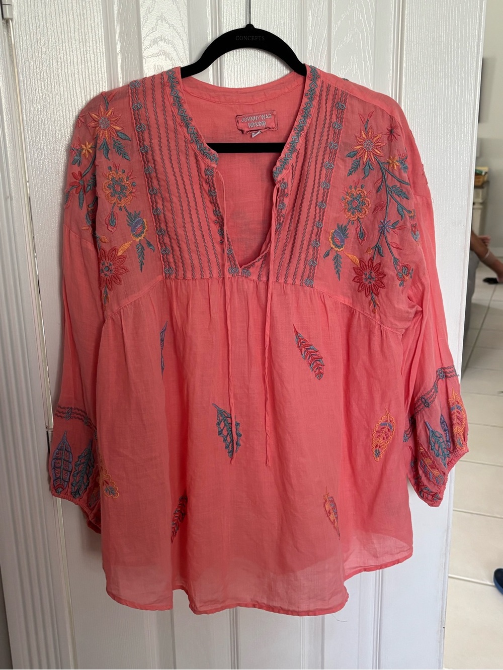 Johnny Was Coral Pink Embroidered Tunic Top